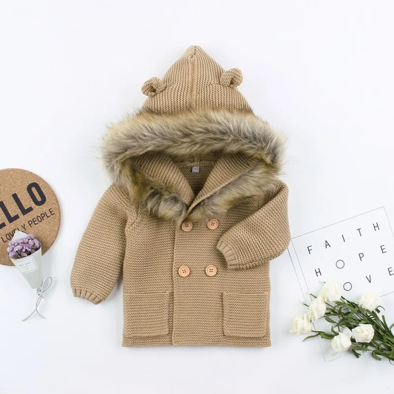 Зимний свитер для новорожденных девочек, одежда г. Детский свитер с меховым воротником и капюшоном, куртка кардиган, одежда для маленьких девочек 0-24 мс