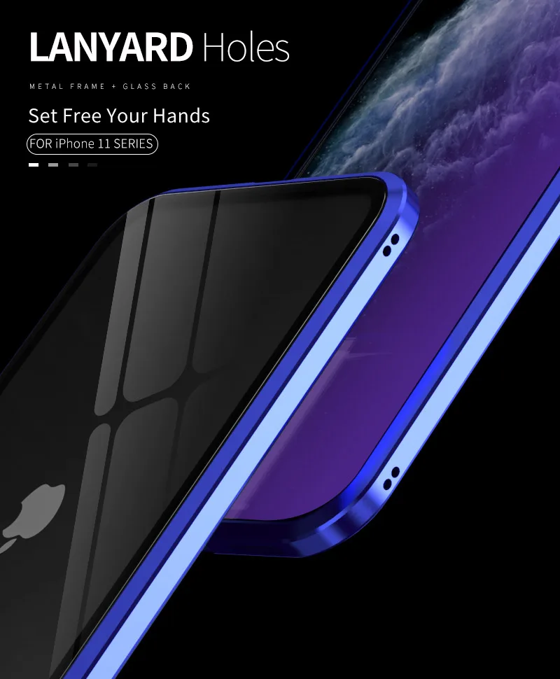 Роскошный противоударный защитный чехол для телефона, чехол для iPhone 11 Pro Max, синее закаленное стекло и Алюминиевый металлический магнитный чехол