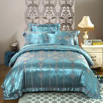 

Sapphire blue Bedding Set Court style Bedding Satin jacquard Bed Set Noble pattern Bed Linen Queen King Size Sheet Duvet Cover