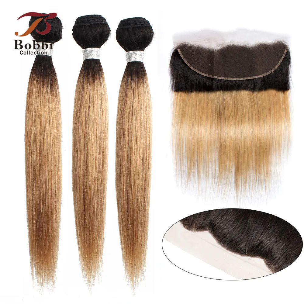 

BOBBI COLLECTION 1B 27 Ombre Honey Blonde Bundles with Frontal 4x13 Lace Frontal Closure Indian Straight Non-Remy Human Hair