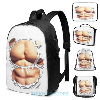 

Printed Realistic Chest Six Pack Abs Muscles USB Charge Backpack men School bags Women bag Travel laptop bag