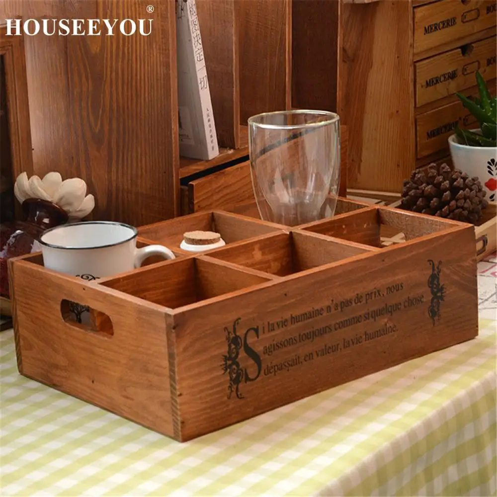 

Storage Boxes & Bins Wooden Box Zakka Vintage Style 6 Lattices Home Storage Desk Closet Organizer Decoration Caixa Organizadora
