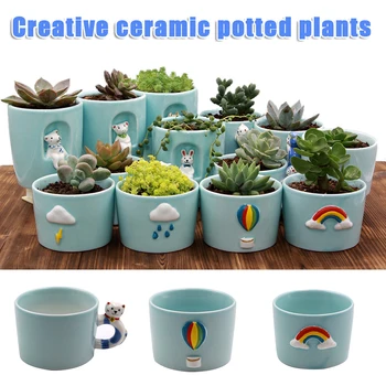 

Succulent Pots Ceramic Succulent Planter and Cactus Pot with Bamboo Tray and Drainage Hole for Home and Office LXY9