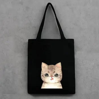 

2 Color Available Lovely Cat Animal Printing Women Zipper Canvas Shoulder Bags Casual Portable Shopping Bags Handbag