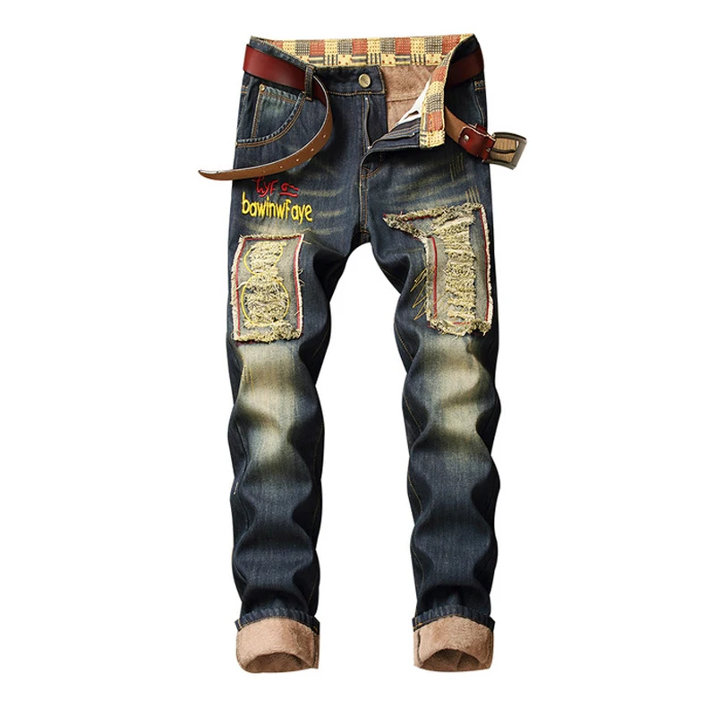 Denim Designer Hole Jeans High Quality Ripped for Men Size 28-38 40 2019 Autumn Winter Plus Velvet HIP HOP Punk Streetwear Denim Designer Hole Jeans High Quality Ripped for Men Size 28-38 40 2019 Autumn Winter Plus Velvet HIP HOP Punk Streetwear