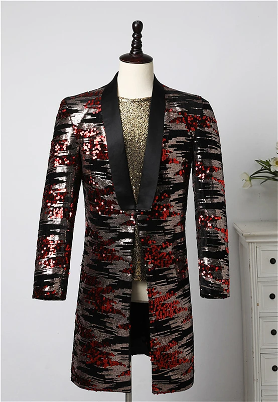 

Stylish Band Costume Men Singer Performance Suit Color Matching Sequins Jacket Mid-Long Coat Casual Windbreaker