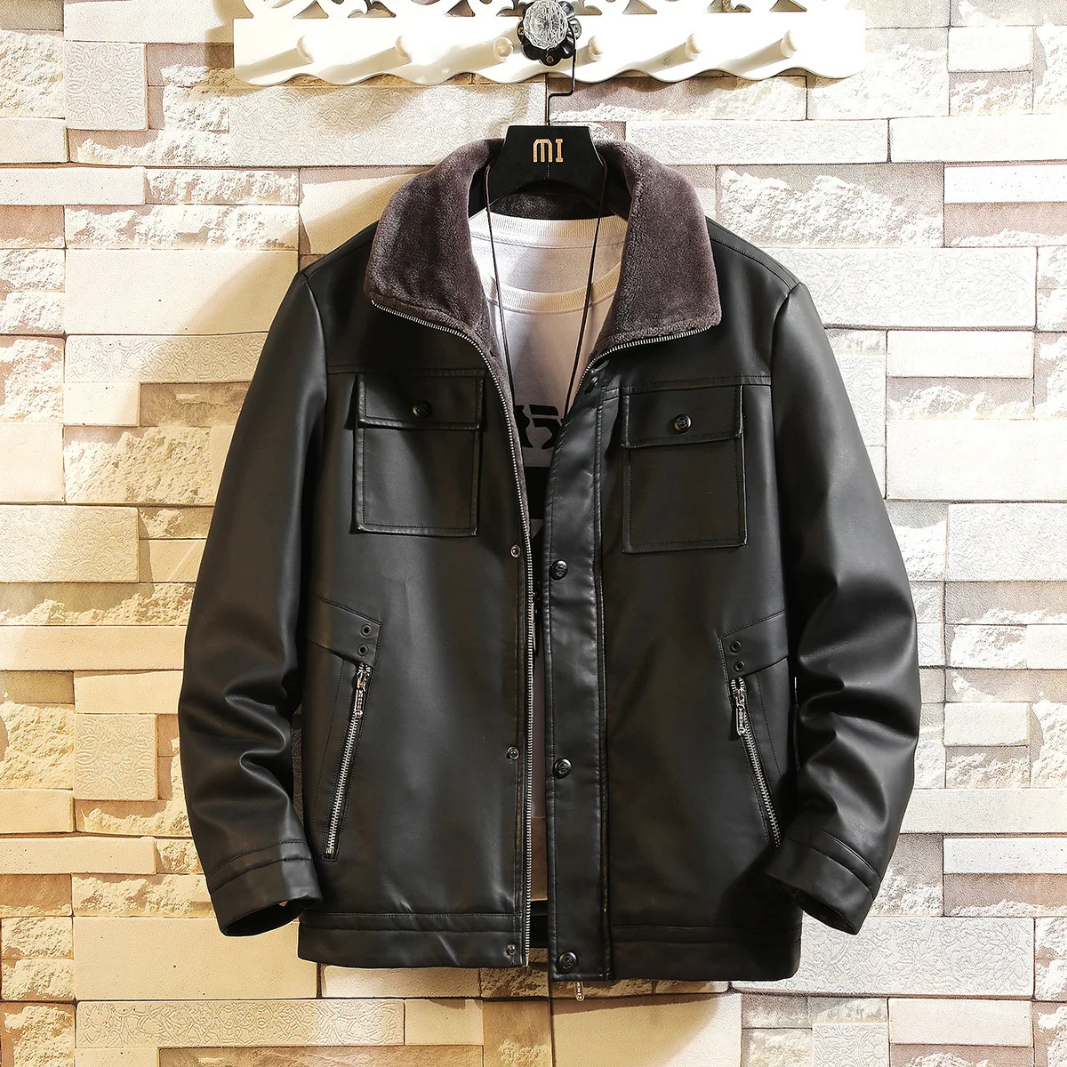 

Man Leather Clothing Loose Coat Male Increase Down Keep Warm Leather Jacket Wash Loose Coat Male