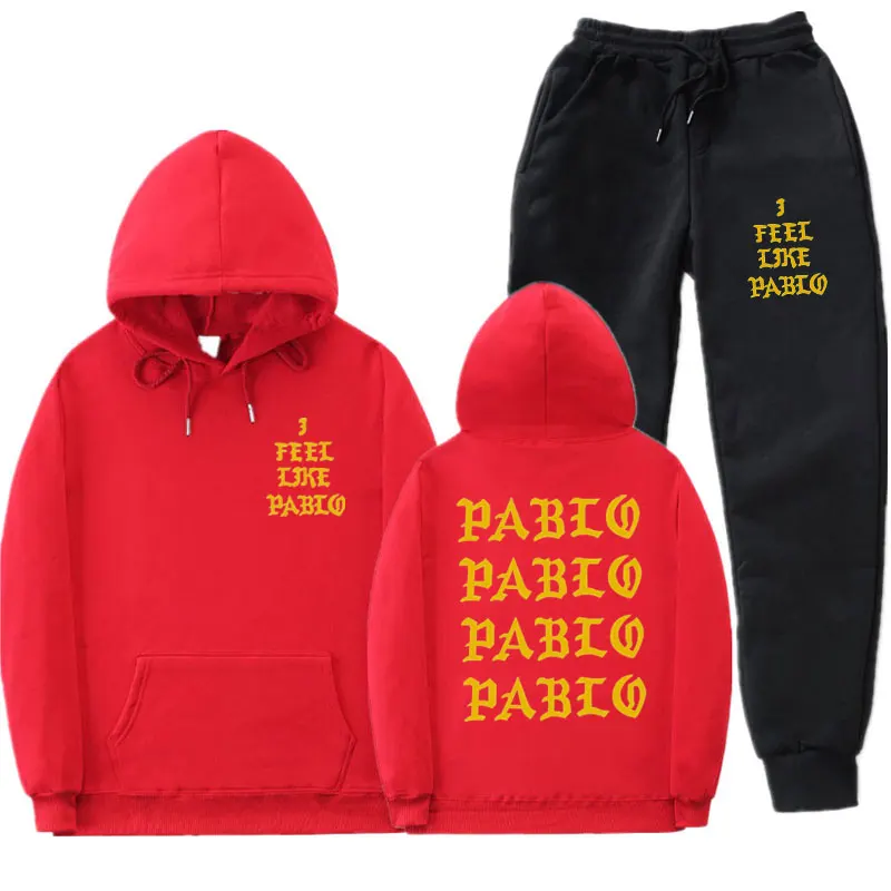 Мужские комплекты спортивной одежды I Feel Like Pablo, Осень-зима, толстый мужской повседневный спортивный костюм с капюшоном, мужской комплект из 2 предметов, толстовка+ спортивные штаны - Цвет: Red MK108