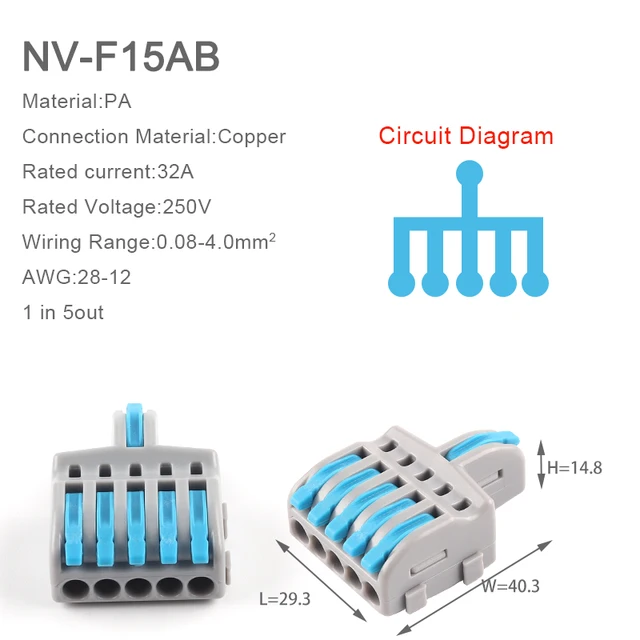 5PCS 1 in multiple out Splitter plug-in Quick Wire Connectors Combined Butt Parallel Terminals With Lever For Junction Box 5PCS NV-F15AB