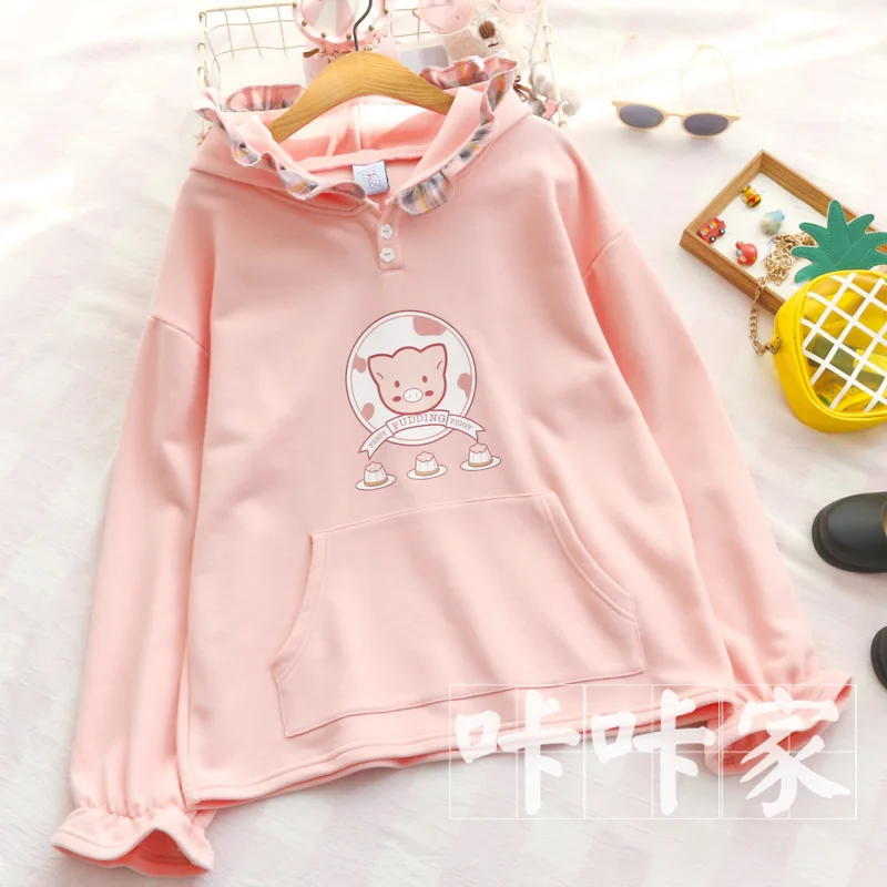 Autumn Women Japanese Soft sister Cartoon Pig Print Pullover Loose Lace Hooded Long Sleeve Hoodie Young Girls Student Sweet Tops