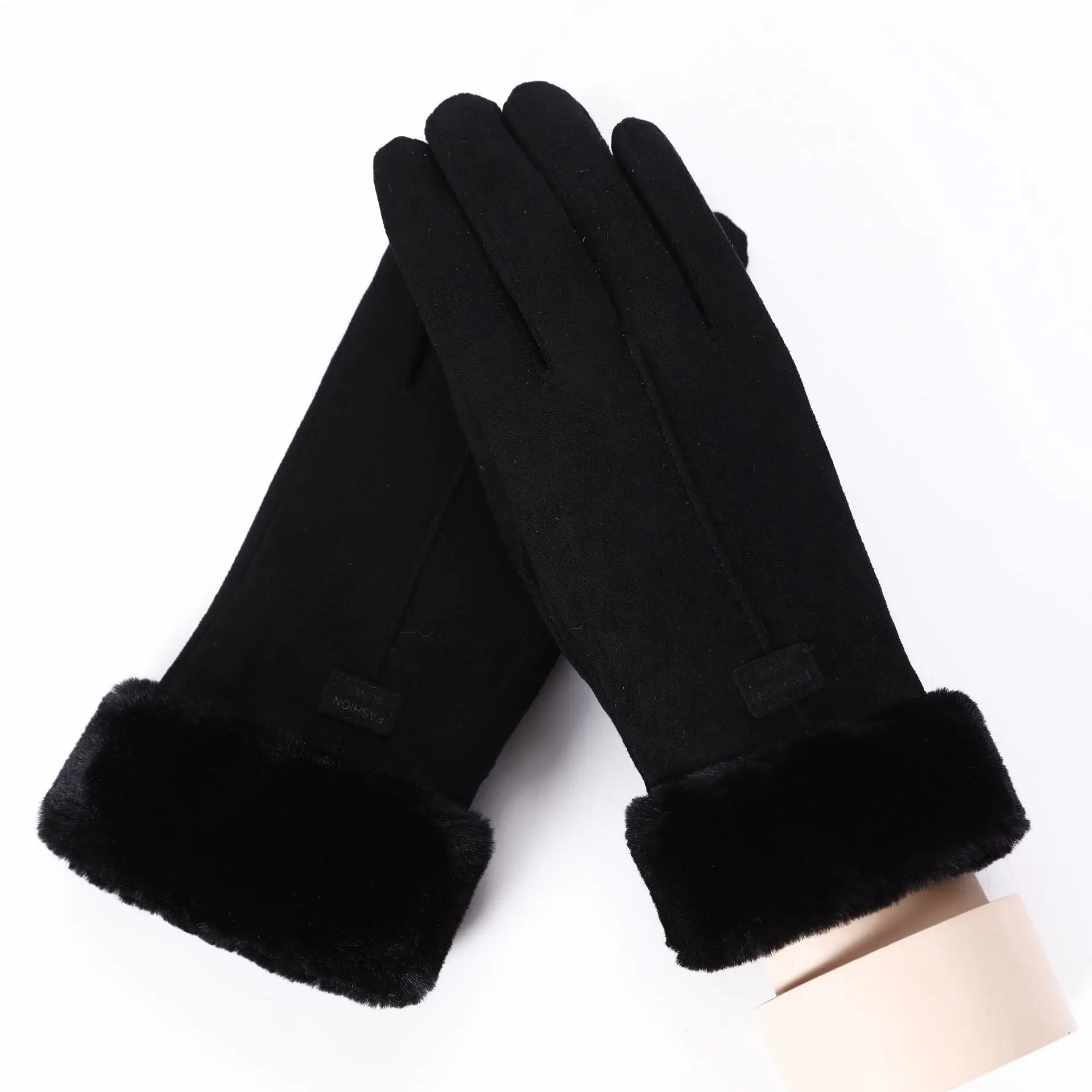 081C-6 Winter Female Lace Warm Cashmere Three Ribs Cute Bear Mittens Double thick Plush Wrist Women Touch Screen Driving Gloves - Цвет: 081C-6