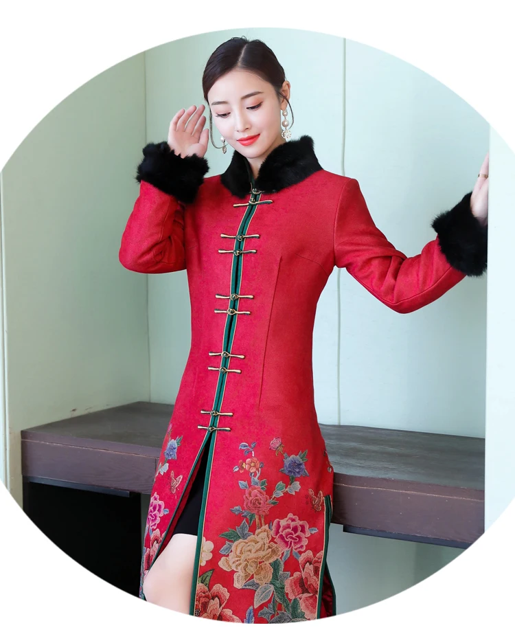 Китайское традиционное женское платье Чонсам с длинным рукавом Qipao толстый хлопковый меховой воротник мать среднего возраста зимнее пальто чонсам