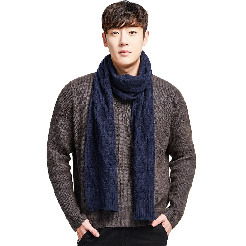

High Quality 30%Wool Men's Winter Scarf Long Twist Knit Male Shawl Solid Thick Knit Wool Cashmere Scarves Luxury Brand Scarf Man