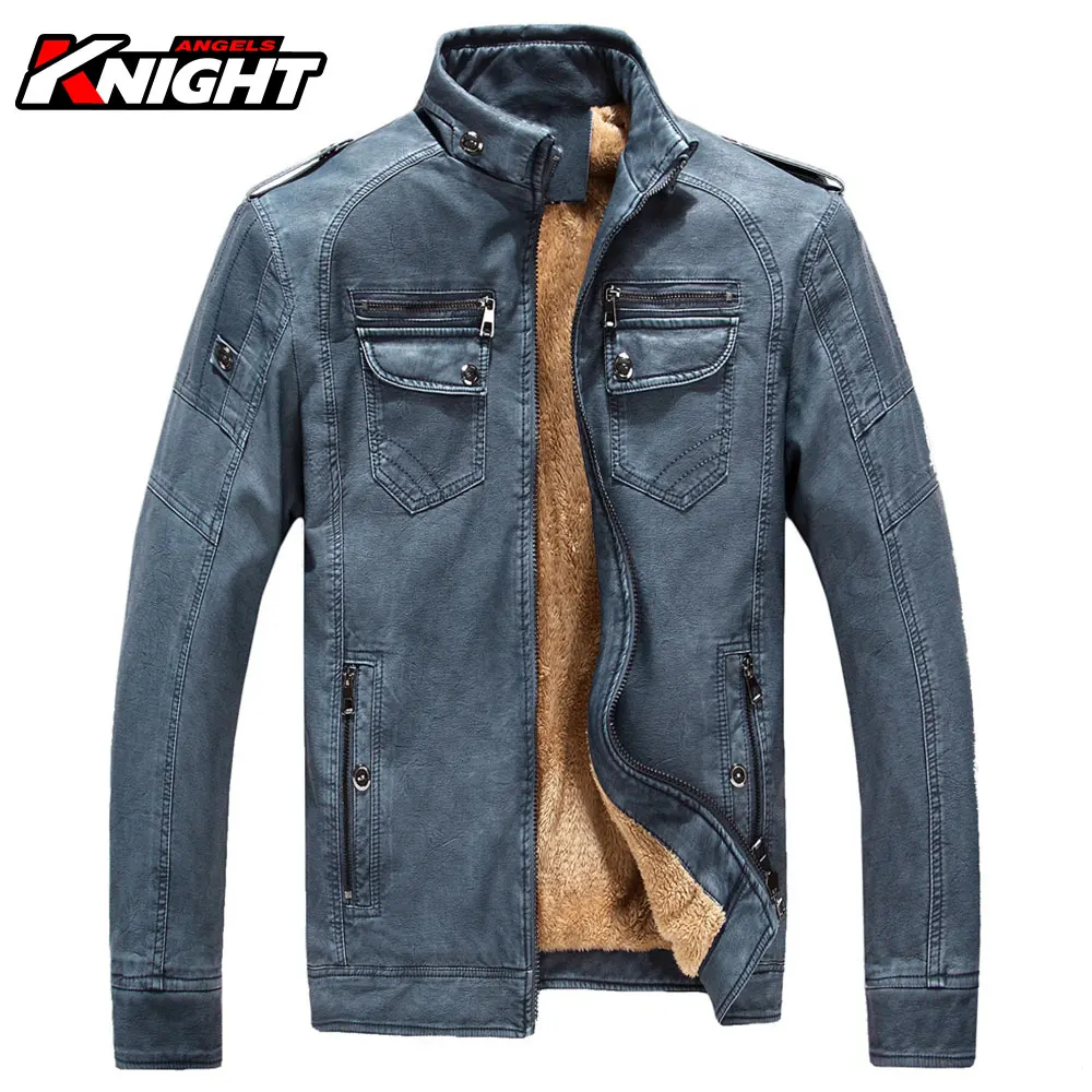 Winter Motorcycle PU Leather Jacket Men Thermal Blue Faux Leather Jacket Vintage Casual Motorbike Coat Touring Riding Windproof