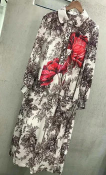 

100% Silk Floral Print Floral Dress Long Runway Style Wide Silk Dress Spring Summer Women's High Quality Dress