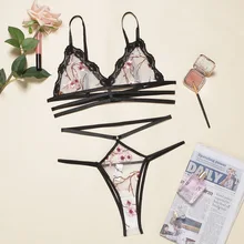 Набор нижнего белья с цветочной вышивкой кружевной вставкой Новое Женское нижнее белье тонкий секционный сексуальный перспективный бюстгальтер и стринги