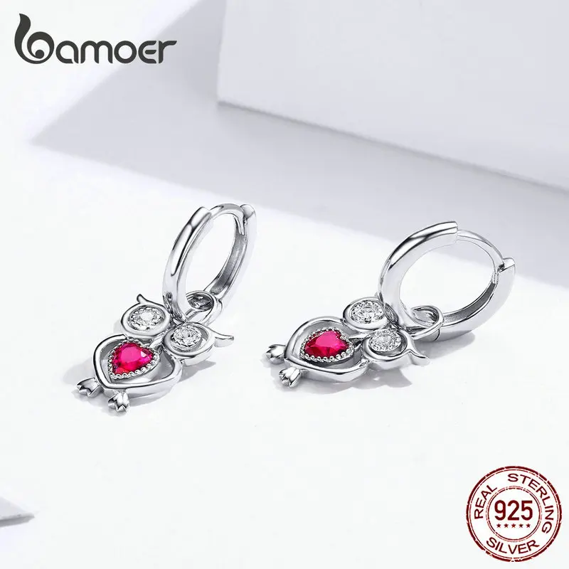 Bamoer подлинные 925 пробы серебряные висячие серьги в виде совы с талисман с прозрачными CZ Висячие серьги в виде сердца хорошее ювелирное изделие GAE253
