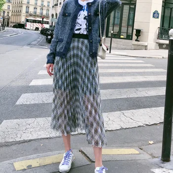 

Women Skirt 2019 Autumn and Winter New Organ Pleated Plaid Elastic High Waist Over The Knee Long Skirt