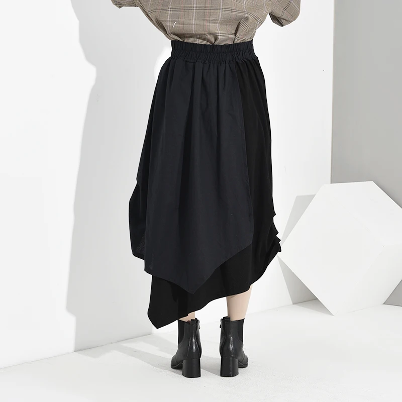 [EAM] высокая эластичная талия черная Асимметричная плиссированная темпераментная юбка средней длины женская модная новинка весна осень JU6730