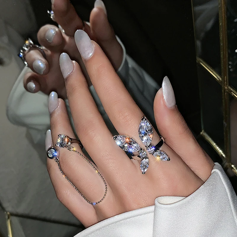 2020 Korean New Design Fashion Jewelry Shiny Butterfly Zircon Flower Open Ring Female Prom Party Ring