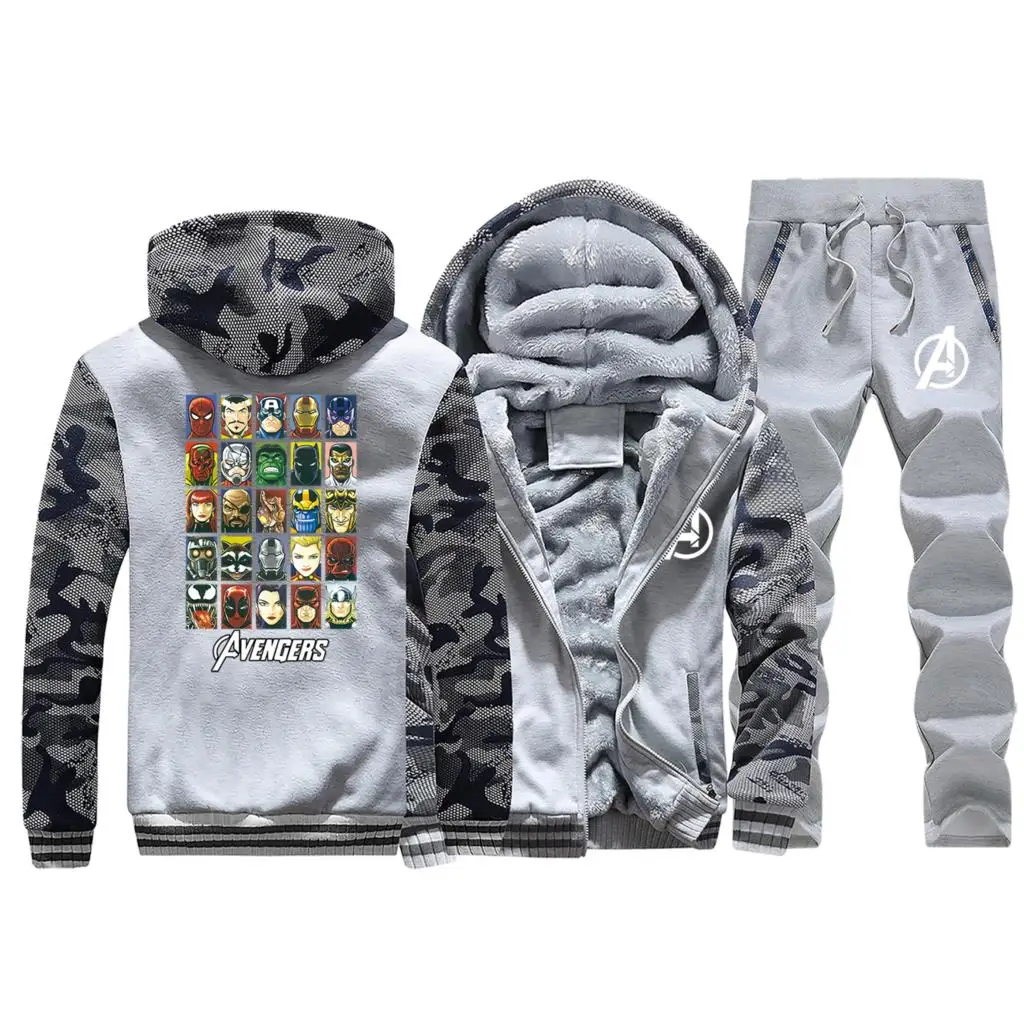 Light Gray The Avengers Fashion Hoodie Mens Winter Hot Sale Coat Thick Camouflage Sweatshirts Suit Warm Jacket+ 2 Piece Set Pants - Цвет: Light Gray