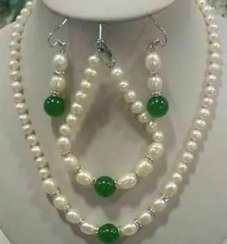 

Natural 7-8mm White Pearl Green red pink Jade Gems Necklace Bracelet Earrings Set