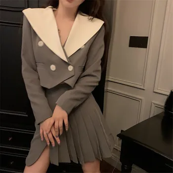 

2PC Fashion Outfits Dress Sets Women Short Sleeve Sailor Collar Short Blazer&Pleated Mini Skirt Sets Casual Two Pieces Suits