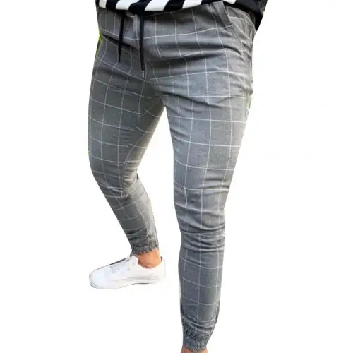 Light Gray Модные брюки мужские клетчатые с принтом на шнурке эластичные повседневные узкие брюки - Цвет: Light Gray