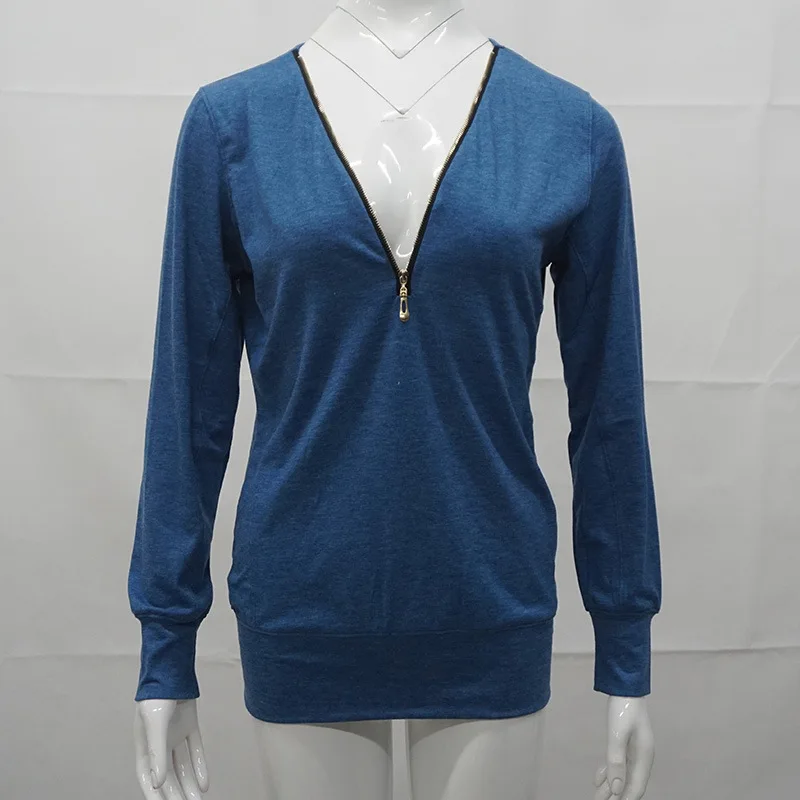 Blue Большие размеры 4xl 5xl женские новые осенние однотонные зеленые Топы с длинным рукавом на молнии с v-образным вырезом Женская футболка Повседневная Свободная Женская футболка - Цвет: Blue