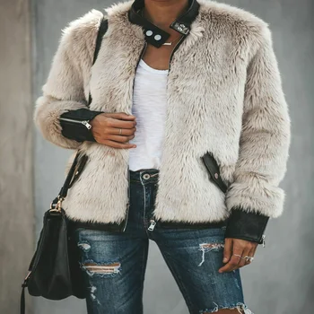 

Women Plush Leather Patchwork Teddy Bear Fleece Coats Pockets Winter Thick Warm Fur Fluffy Jacket Zip Up Oversize Outwear