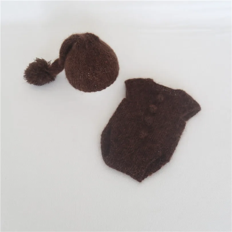 Dark Brown Mohair Romper Set Knitted Sleepy Bonnet for Newborn Boys Crochet Bodysuit Neutral Baby Outfit Photography Props |