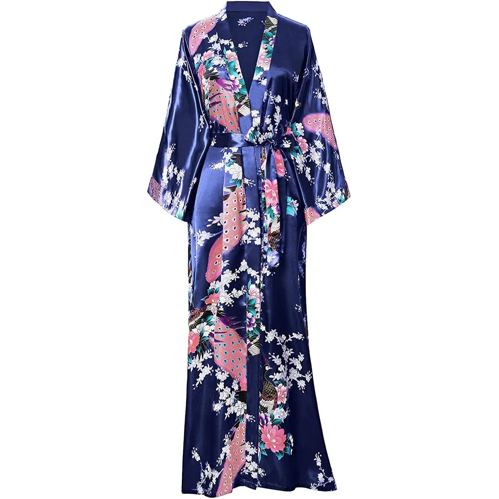 Women Long Robe Big Size Kimono Bathrobe Gown Summer Spring Nightgown Sleepwear Novelty Print Nightwear Silky Satin Home Clothes women sleepwear