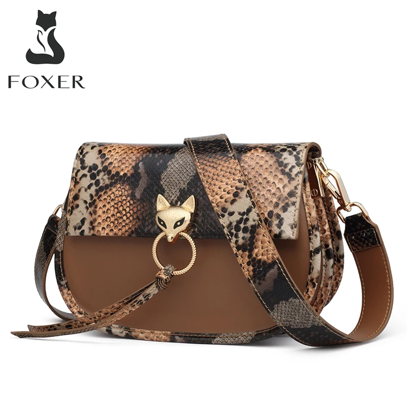 

FOXER Fashion Snake Pattern Saddle Bag for Women Leather Girl' Shoulder Cross-body Bag Stylish Ladies Casual Small Messenger Bag