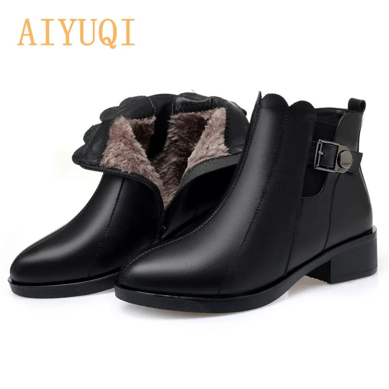 

AIYUQI Women Ankle Boots Warm Europe and America Square Heel Woman Genuine Leather Shoes Winter Large Size 35-43