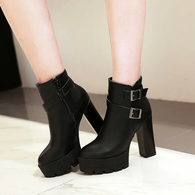 

Women Fashion Platform Boots Thick High Heels Ankle Boots Zipper Round Toe Autumn Winter Woman Shoes Plus Size 43 2018