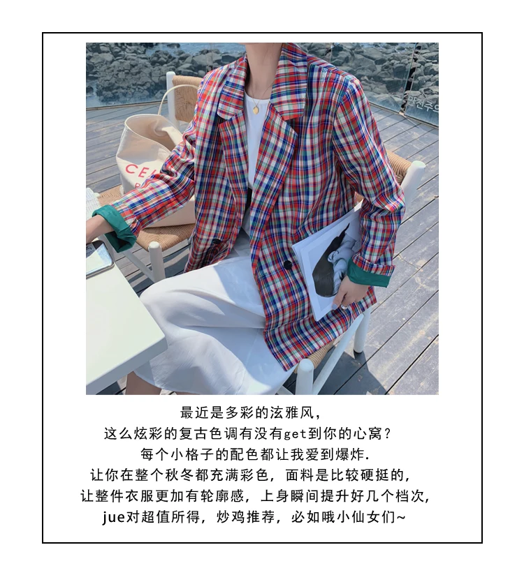 Ulzzang Kim Hyun Классическая клетчатая Женская Куртка Блейзер с надрезом воротник женские костюмы пальто мода решетки весна/осень