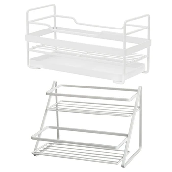 

1pcs Spice Rack Two Layers Iron Storage Shelf Rack & 1pcs Towel Sponge Storage Rack with Tray Shelf Drainage Shelf