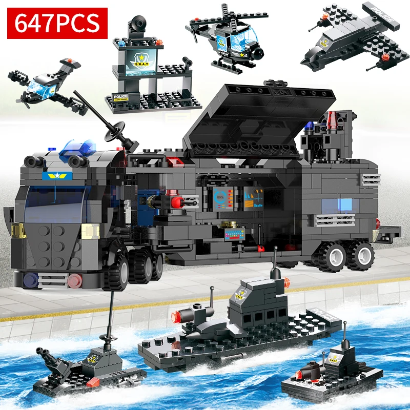 

8 in 1 City Headquarters Police Station SWAT Building Blocks Big Technic Truck Changeable Creative Bricks Toys for Boys Children