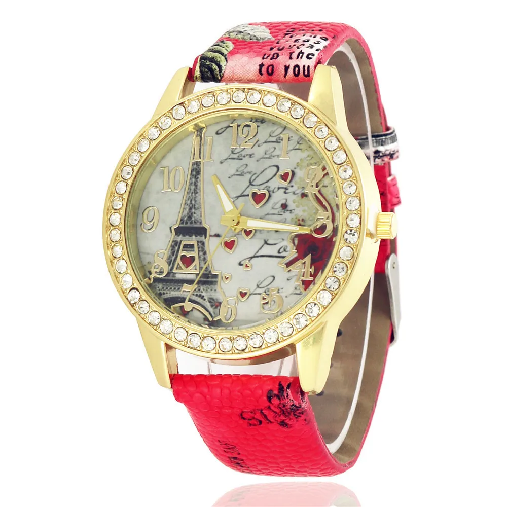 

Europe And America Hot Selling Belt Watch Fashion Women's Flower Pagoda Printed Watch Diamond Set Eiffel Iron Tower Watch