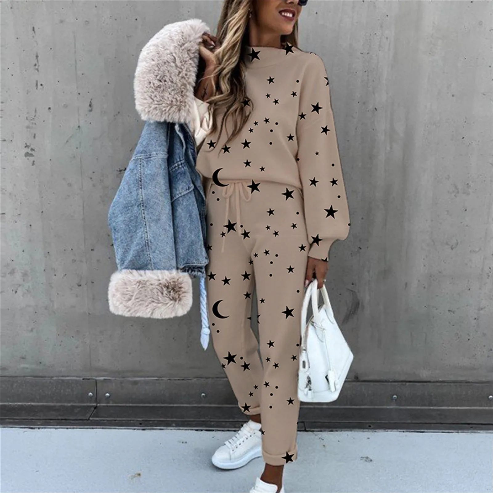 Women Tie-Dye Printed High Neck Lace-up Long Sleeve Fashion ladies Casual Trousers Suit Matching Design 2021 New Pant Sets femme 2