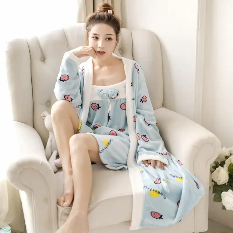 Coral Fleece Female Winter Thick Kimono Bathrobe Gown 2PCS Robe Set Nightwear Soft Bow Sleepwear Flannel Home Clothing - Цвет: Style D