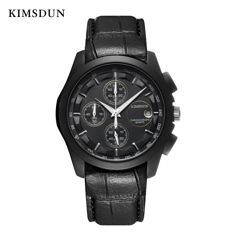 Black Black Black KIMSDUN TEND, топ бренд, роскошные модные повседневные кварцевые мужские часы с кожаным ремешком, мужские наручные часы, часы для мужчин - Цвет: Black Black Black