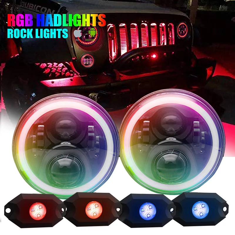 7-дюймовые светодиодные RGB-фары + RGB-лампы Rock светодиоды с Bluetooth-управлением для Jeep