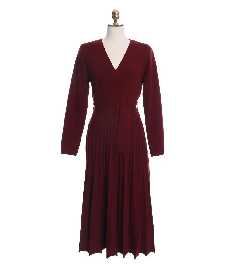 Новое осенне-зимнее женское вязаное платье-свитер с v-образным вырезом, плотное платье миди с длинным рукавом и поясом, офисное плиссированное платье