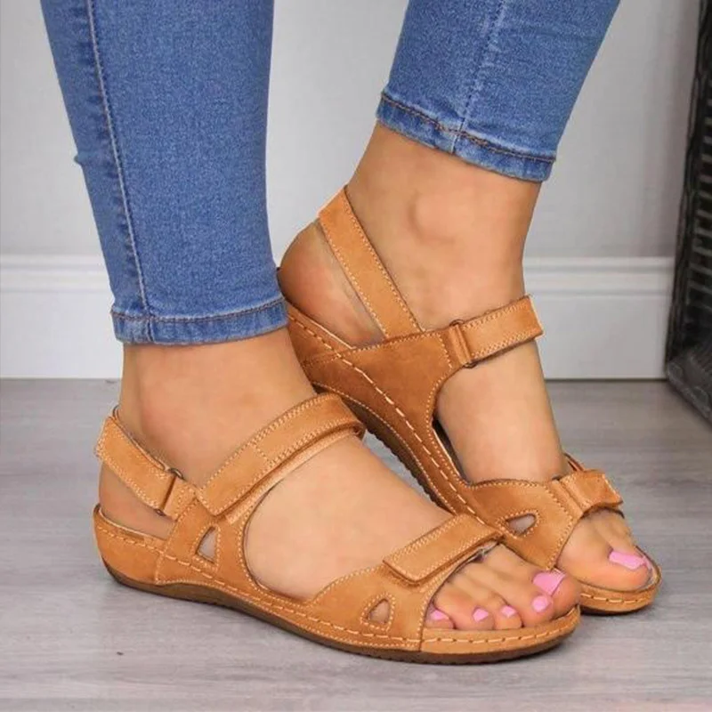 

Summer Women Flat Sandals Hook & Loop Open Toe Ladies Platform Sewing Comfort Female Retro Causal Shoes Plus Size 34-43