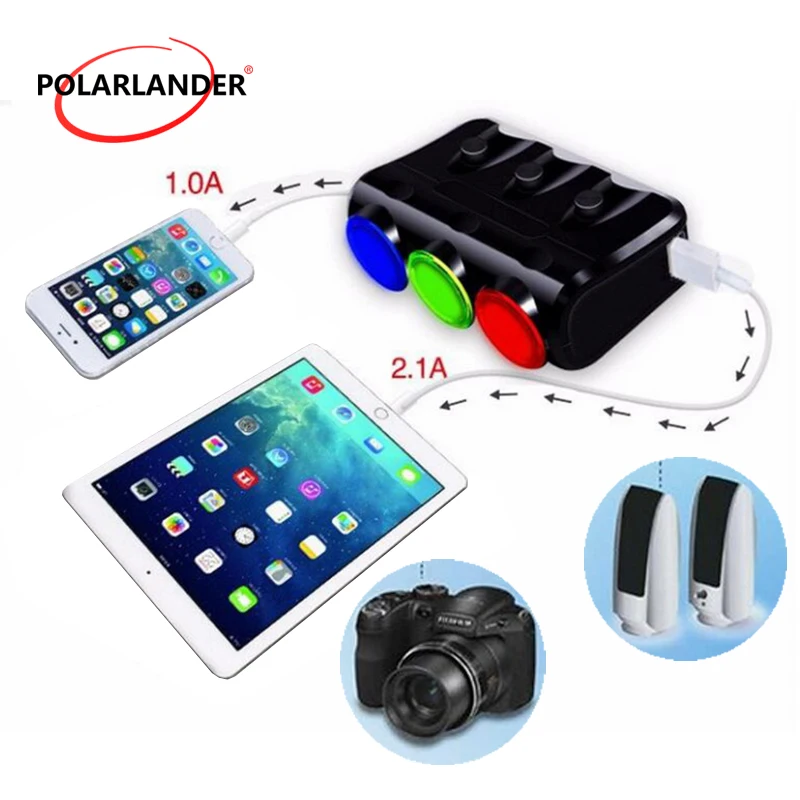 Для Android сплиттер цифровой ЖК-дисплей адаптер питания прикуриватель 12-24V телефон зарядное устройство 3 гнезда для Iphone