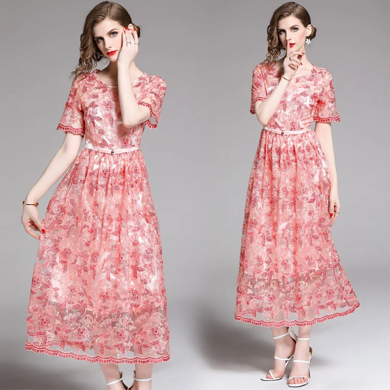 

Photo Shoot-2019 Summer New Style Fashion WOMEN'S Dress Machine Embroidery Waist Hugging Short-sleeve Dress Mid-length