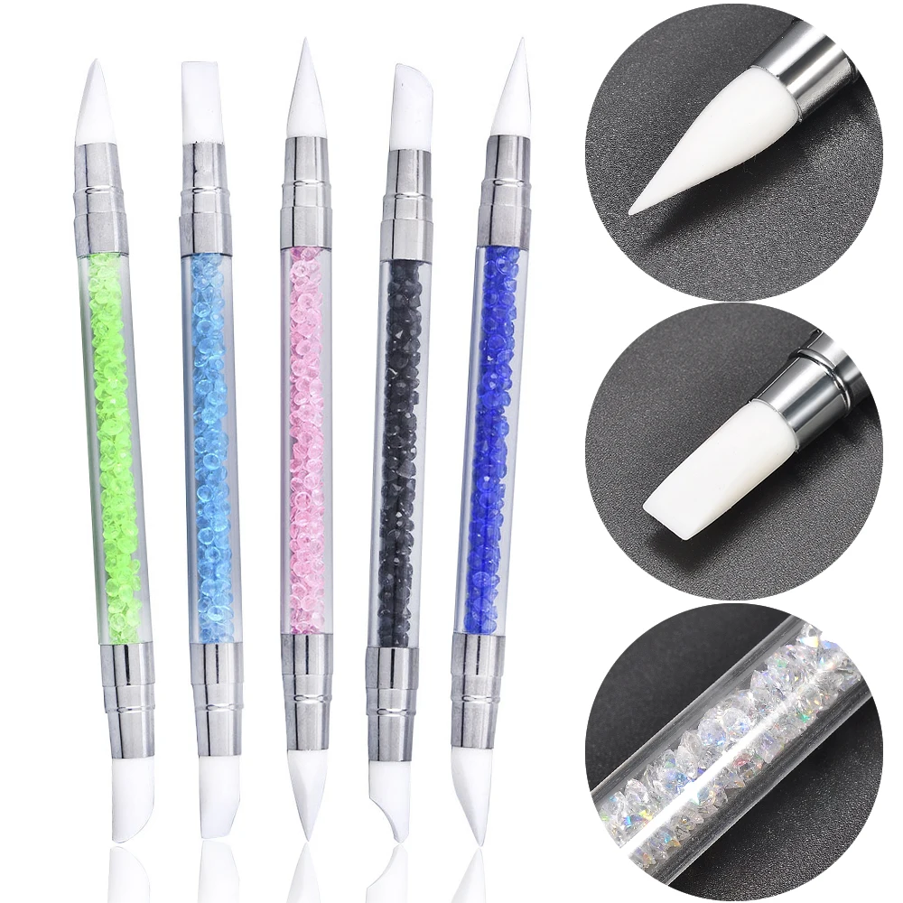 1 Pcs Dual-Ended Silicone Head Carving Dotting Pen Nail Art Brushes Rhinestone Crystal Handle Tool For DIY Gel Manicure Tools 2