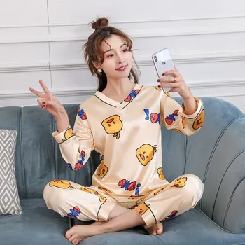 

Pajama Sets For Women 2Pcs Long Sleeve V-neck Pajamas For Ladies Spring Summer Comfort Silk Pyjamas Female Pijama Sleepwear
