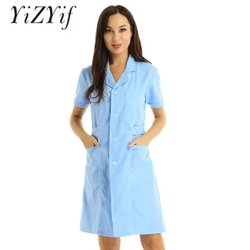 

Women Nurse Doctor Uniform Dress Lapel Collar Short Sleeve Medical Costume Scrub Lab Coat Hospital Dental Clinic Nurse Clothes